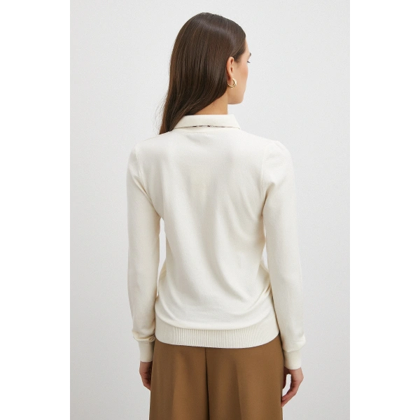 Fularlı Polo Yaka Kazak Ekru