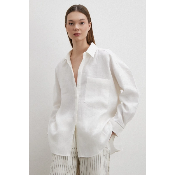 Robalı Cepli Keten Gömlek Ekru