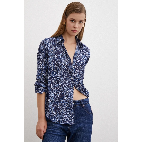 Şal Desenli Saten Gömlek Lacivert