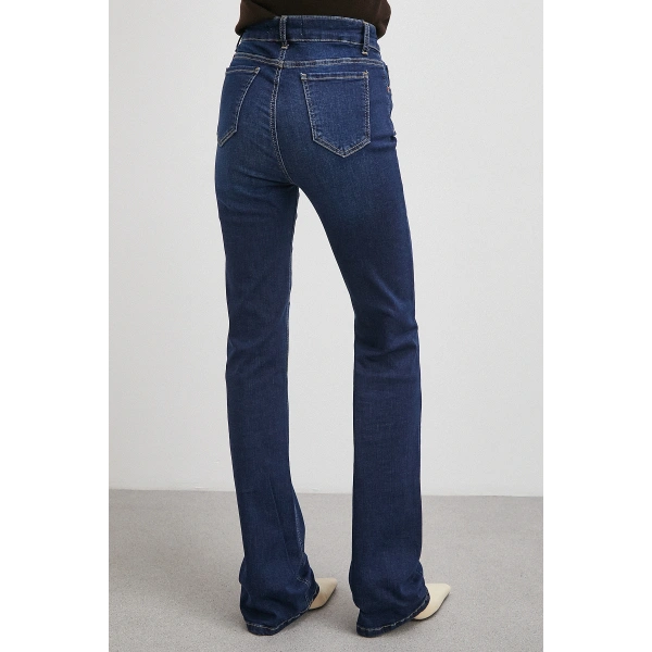 Yüksek Bel Likralı İspanyol Paça Jean Lacivert