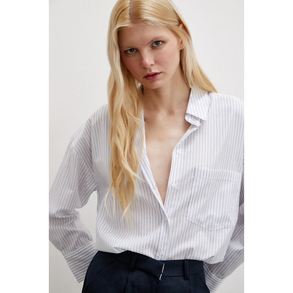 Çizgili Pamuklu Gömlek Mavi