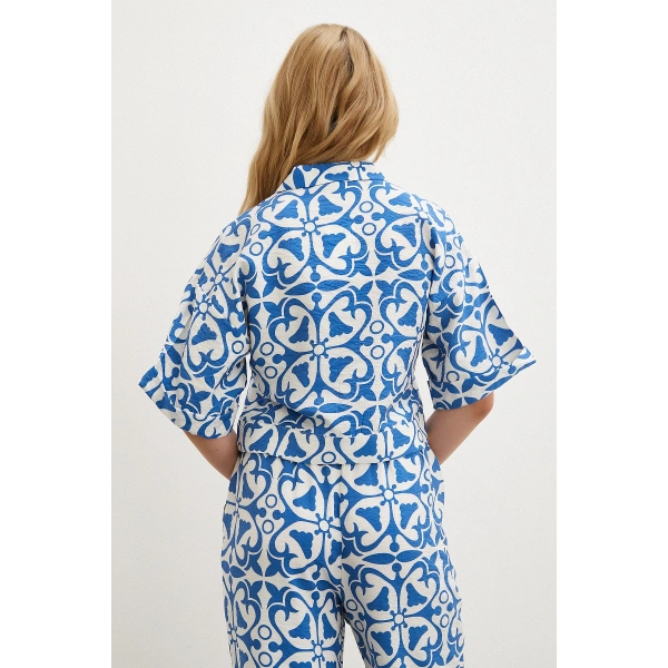 Kısa Kollu Crop Gömlek Mavi