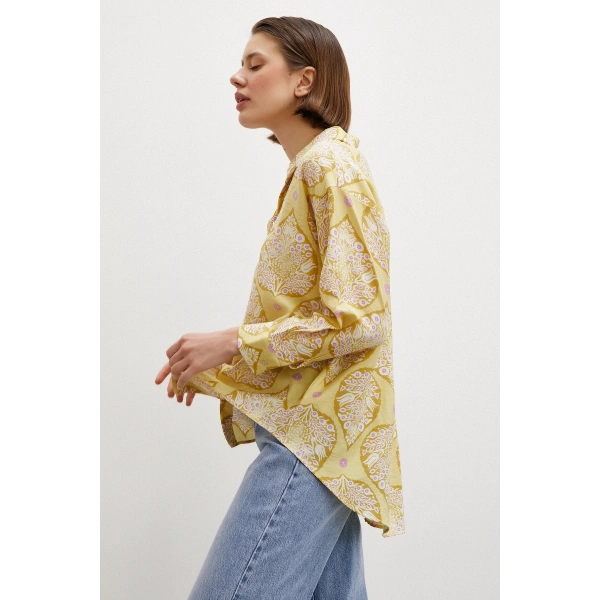 Çini Desenli Modal Gömlek Sarı
