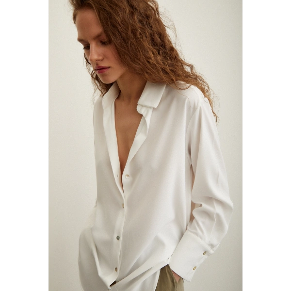 Likralı Saten Gömlek Ekru