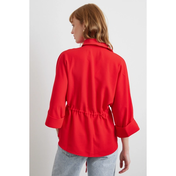 Büzgülü Kimono Gömlek Kırmızı