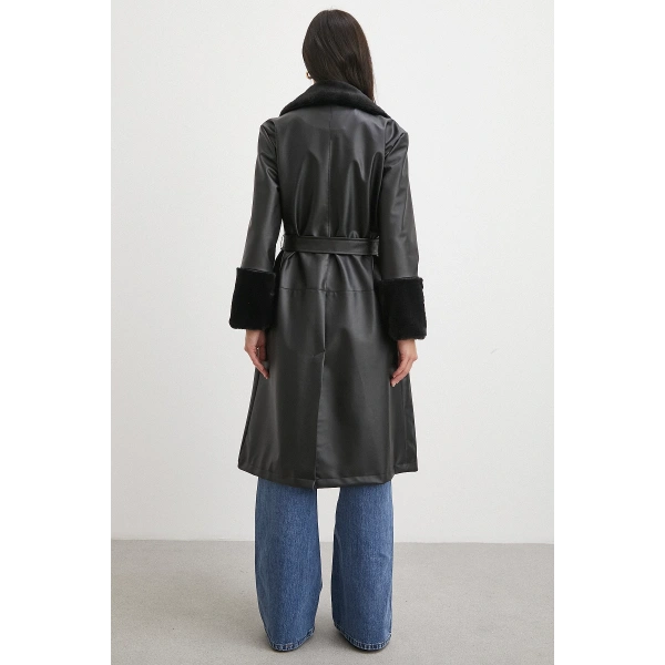 Kürklü Kuşaklı Deri Pardesü Siyah