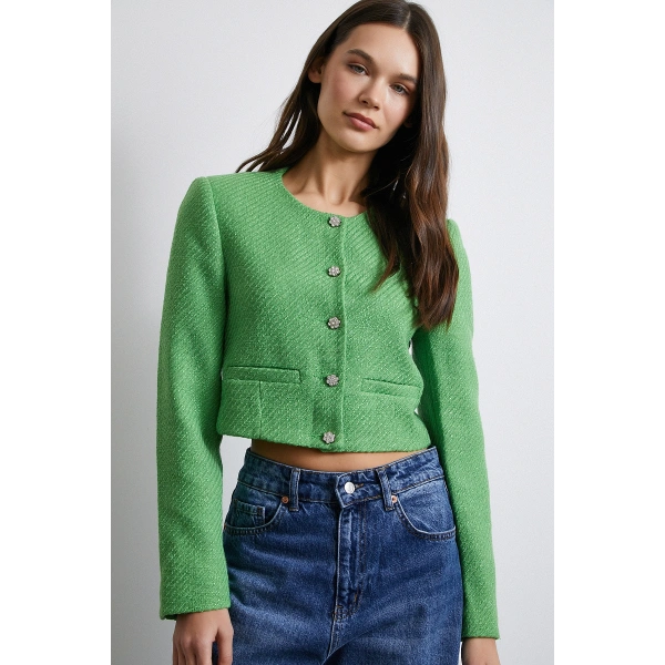 Cep Detaylı Düğmeli Tüvit Ceket Fıstık Yeşili