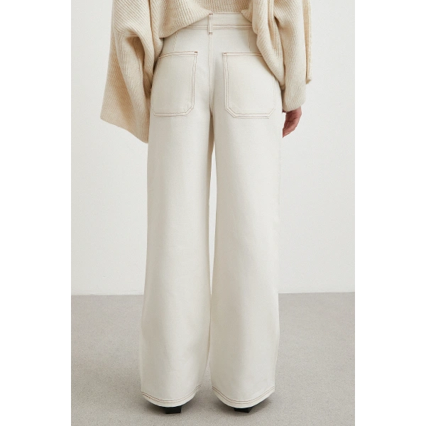 Yüksek Bel Baggy Jean Kırık Beyaz