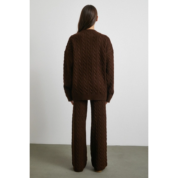 Desenli Şardonlu Triko Takım Kahve