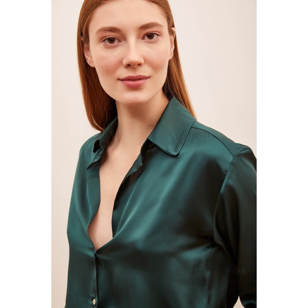 Basic Saten Gömlek Koyu Yeşil
