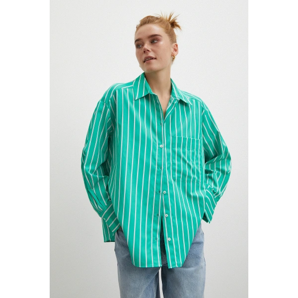 Çizgili Poplin Gömlek Yeşil