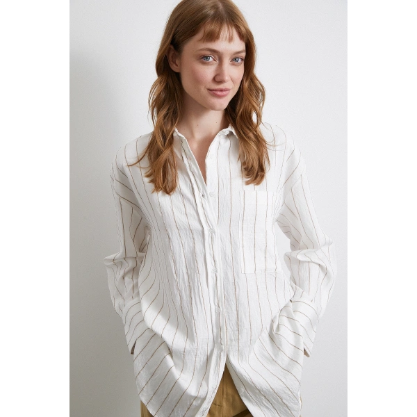 Çizgili Cepli Gömlek Bej