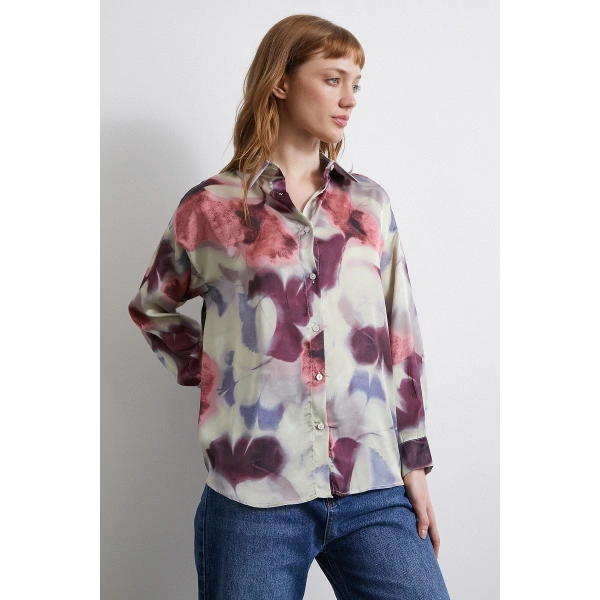 Batik Desen Saten Gömlek Lila