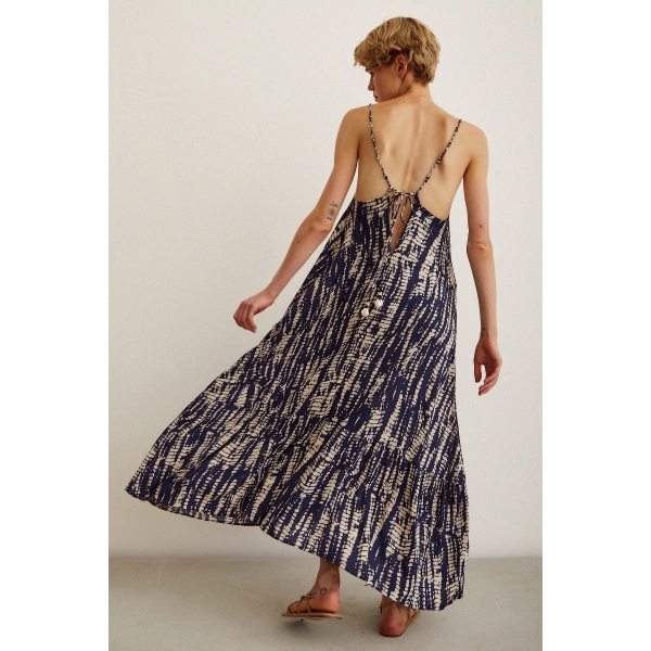 Boncuk Askılı Salaş Elbise Lacivert / Bej