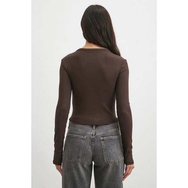 Düğmeli Uzun Kol Bluz Kahve