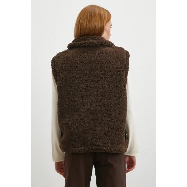 Yaka Detaylı Yumoş Yelek Kahve