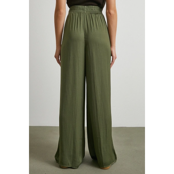 Beli Lastikli Dökümlü Geniş Paça Pantolon Haki