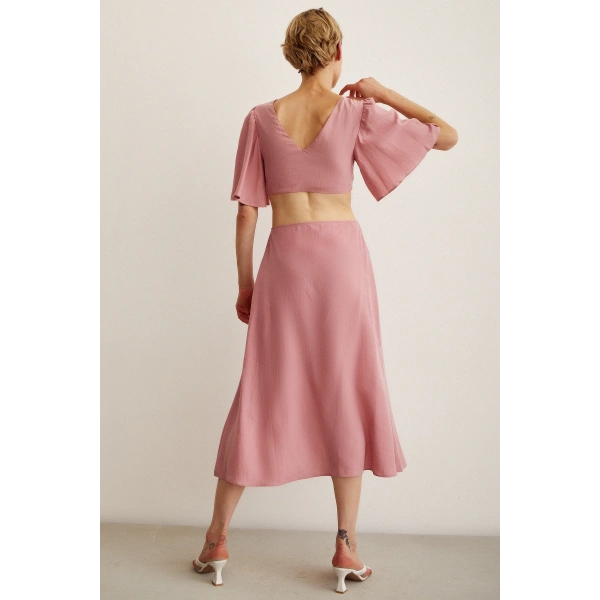 Önü Bağlamalı Balon Omuz Elbise Gül Kurusu