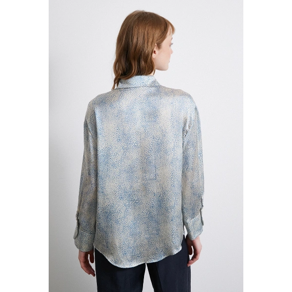 V Yaka Desenli Saten Gömlek Mavi