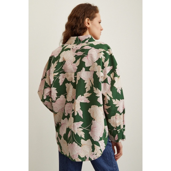 Gül Desenli Poplin Gömlek Yeşil