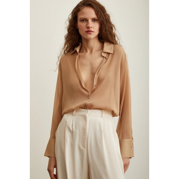 V Yaka Tül Gömlek Nude