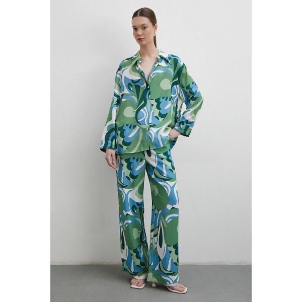 Beli Lastikli Desenli Pantolon Yeşil