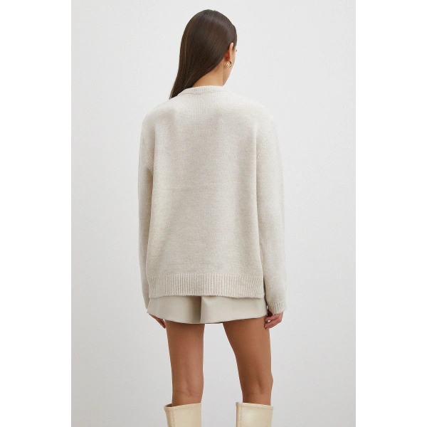 Fularlı Uzun Kollu Kazak Ekru