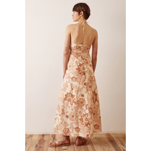 Çiçek Desenli Askılı Elbise Sarı