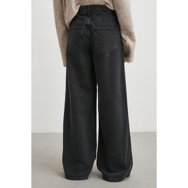 Yüksek Bel Geniş Paça Jean Siyah