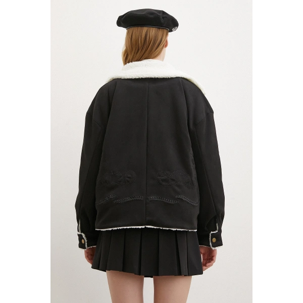 Süet İçi Peluşlu Mont Siyah