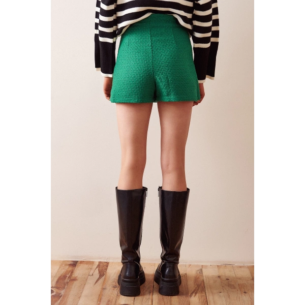Yırtmaçlı Tweed Şort Etek Yeşil