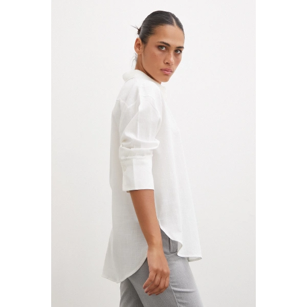 Geniş Manşetli Keten Gömlek Ekru