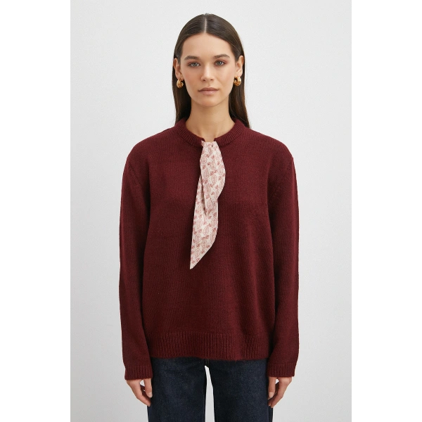 Fularlı Uzun Kollu Kazak Kahve