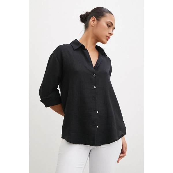 Krinkıl V Yaka Gömlek Siyah