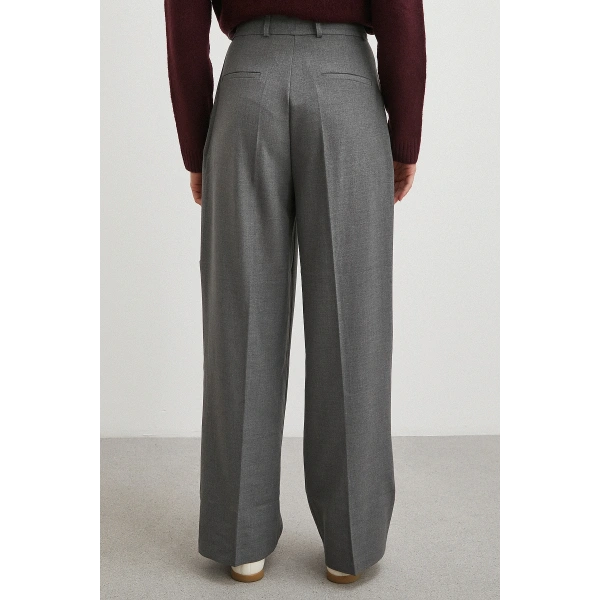 Yüksek Bel Pileli Palazzo Pantolon Gri