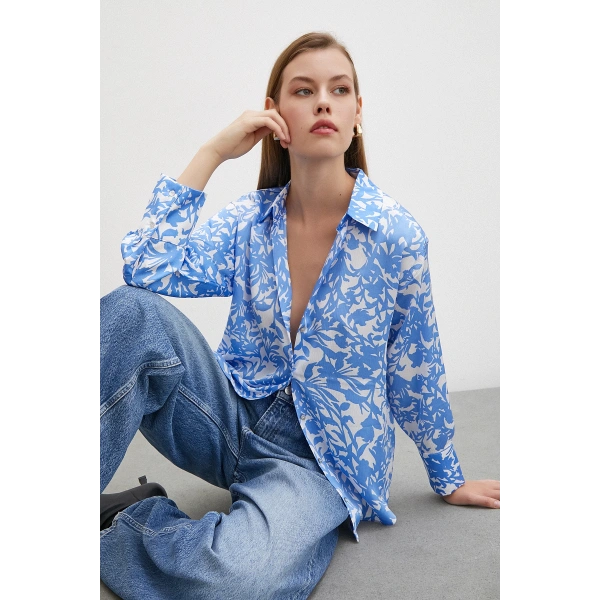 Desenli Gofret Saten Gömlek Açık Mavi