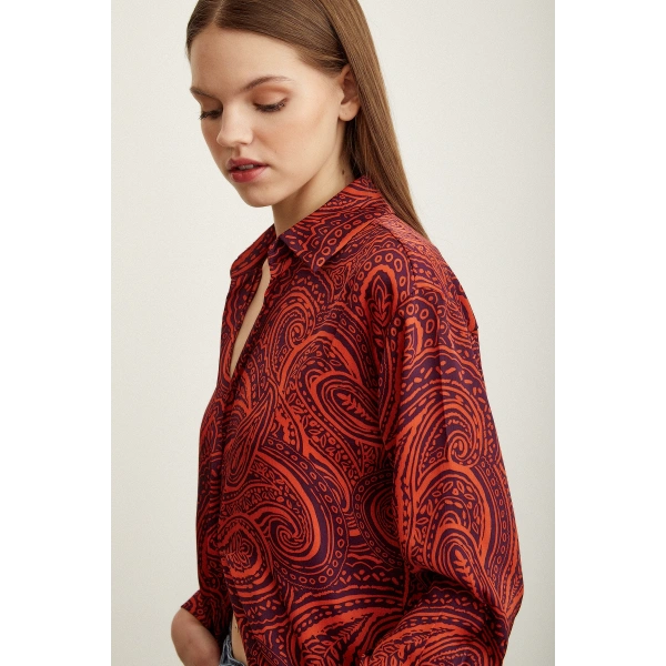 Desenli Saten Gömlek Turuncu