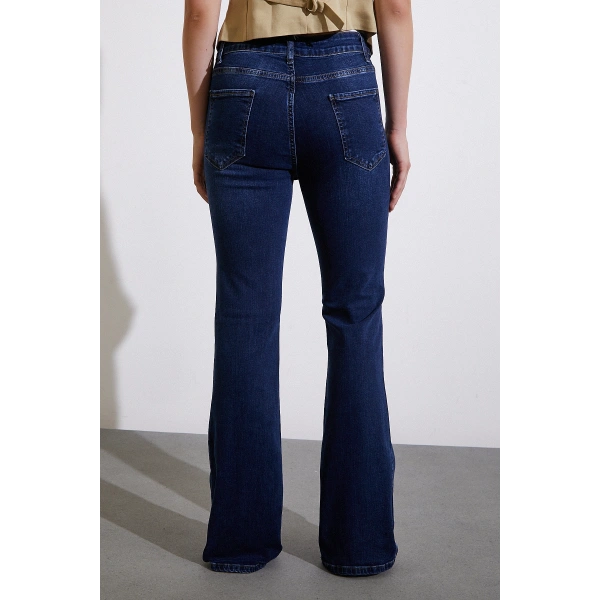 Yüksek Bel İspanyol Paça Jean Koyu Lacivert