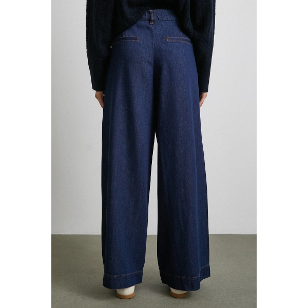 Yüksek Bel Geniş Paça Jean Lacivert