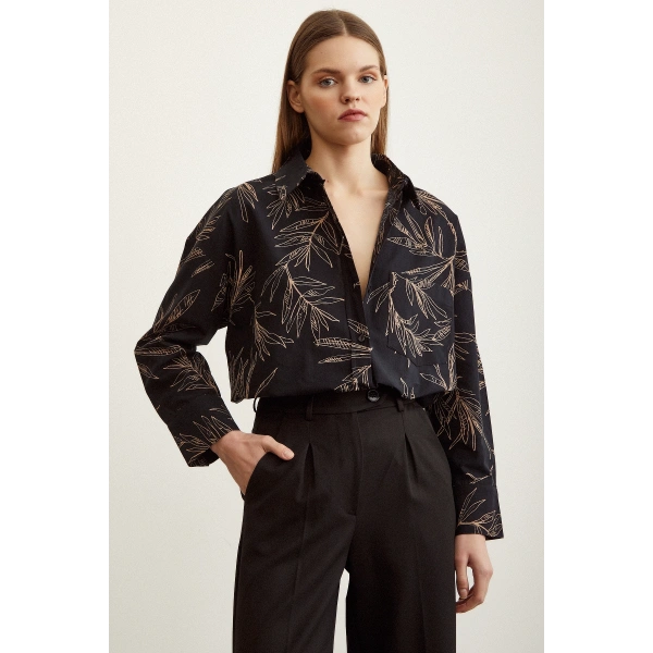Çiçek Desenli Poplin Gömlek Siyah
