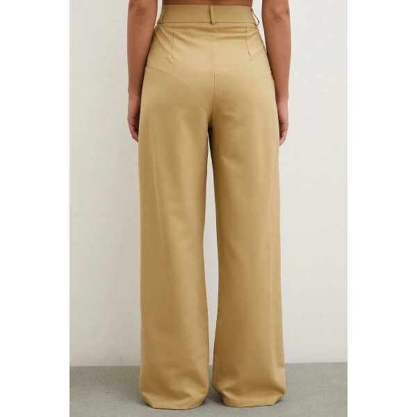 Boru Paça Yüksek Bel Keten Pantolon Camel