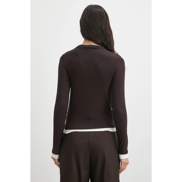 Garnili Bisiklet Yaka Bluz Kahve