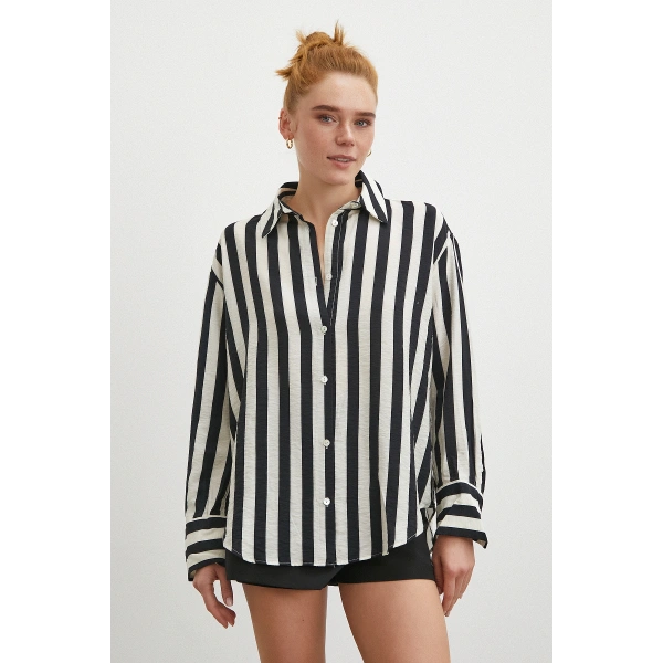 Çizgili Uzun Kollu Gömlek Siyah