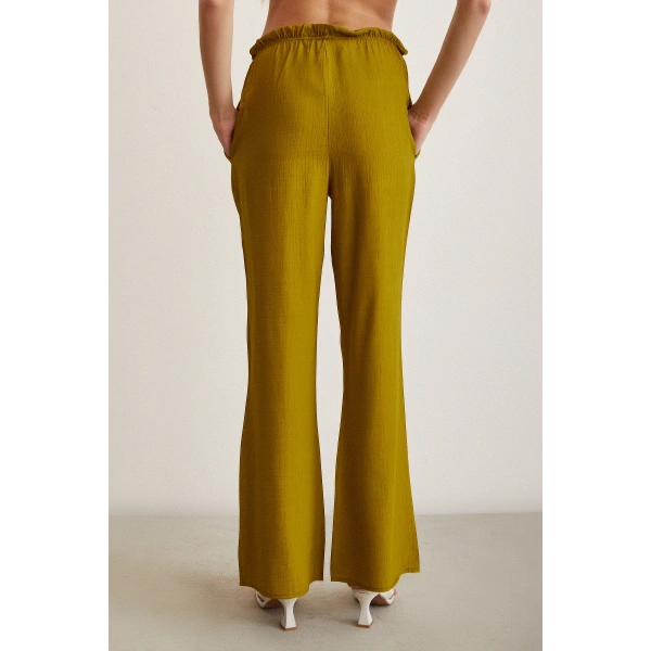 Beli Lastikli Biyeli Yüksek Bel Pantolon Yağ Yeşili