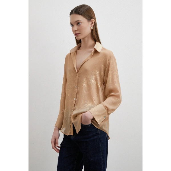 Simli V Yaka Gömlek Gold
