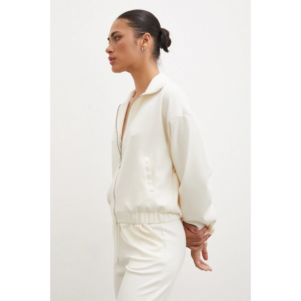 Fermuarlı Sweatshirt Ekru