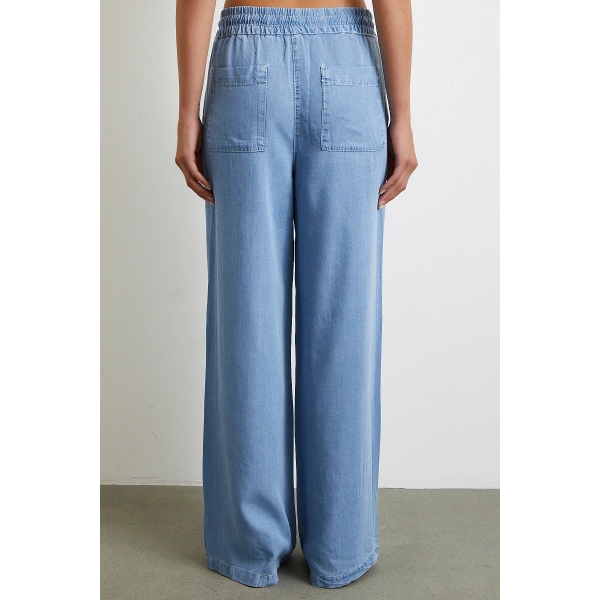 Beli Lastikli Bağcıklı Geniş Paça Pantolon Mavi