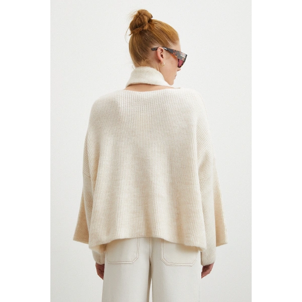 Fitilli Şal Yaka Kazak Ekru