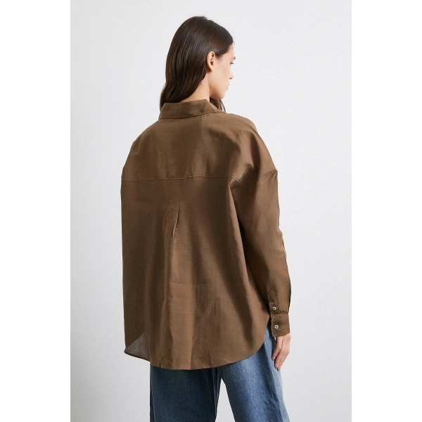 Cepli Oversize Keten  Gömlek Kahve