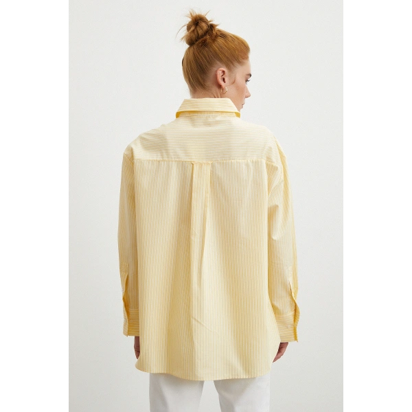 Cepli Çizgili Poplin Gömlek Sarı